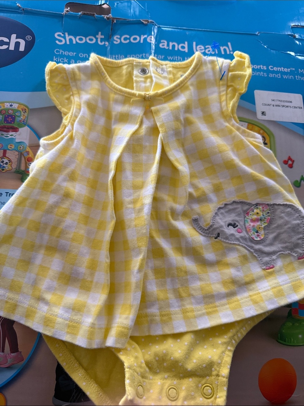 Baby Yellow Gingham Dress Bodysuit with Elephant Applique